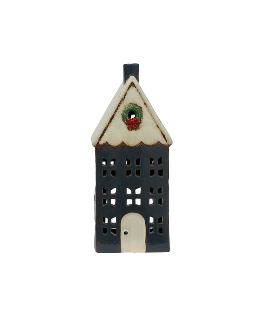CHRISTMAS TEALIGHT HOUSE BLUE WITH WREATH - LARGE