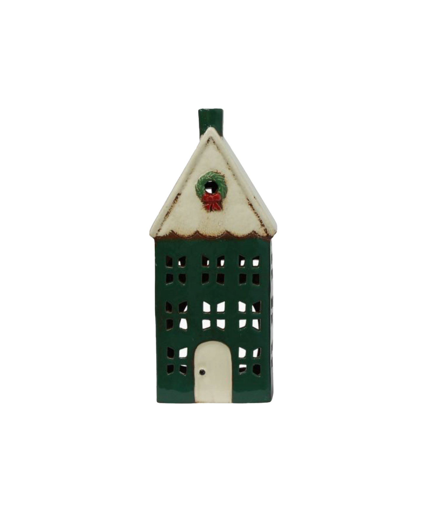 CHRISTMAS TEALIGHT HOUSE GREEN WITH WREATH - LARGE