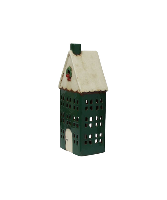 CHRISTMAS TEALIGHT HOUSE GREEN WITH WREATH - LARGE