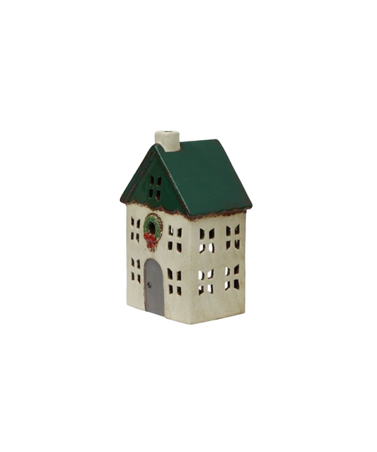 CHRISTMAS TEALIGHT HOUSE GREEN WITH WREATH - SMALL