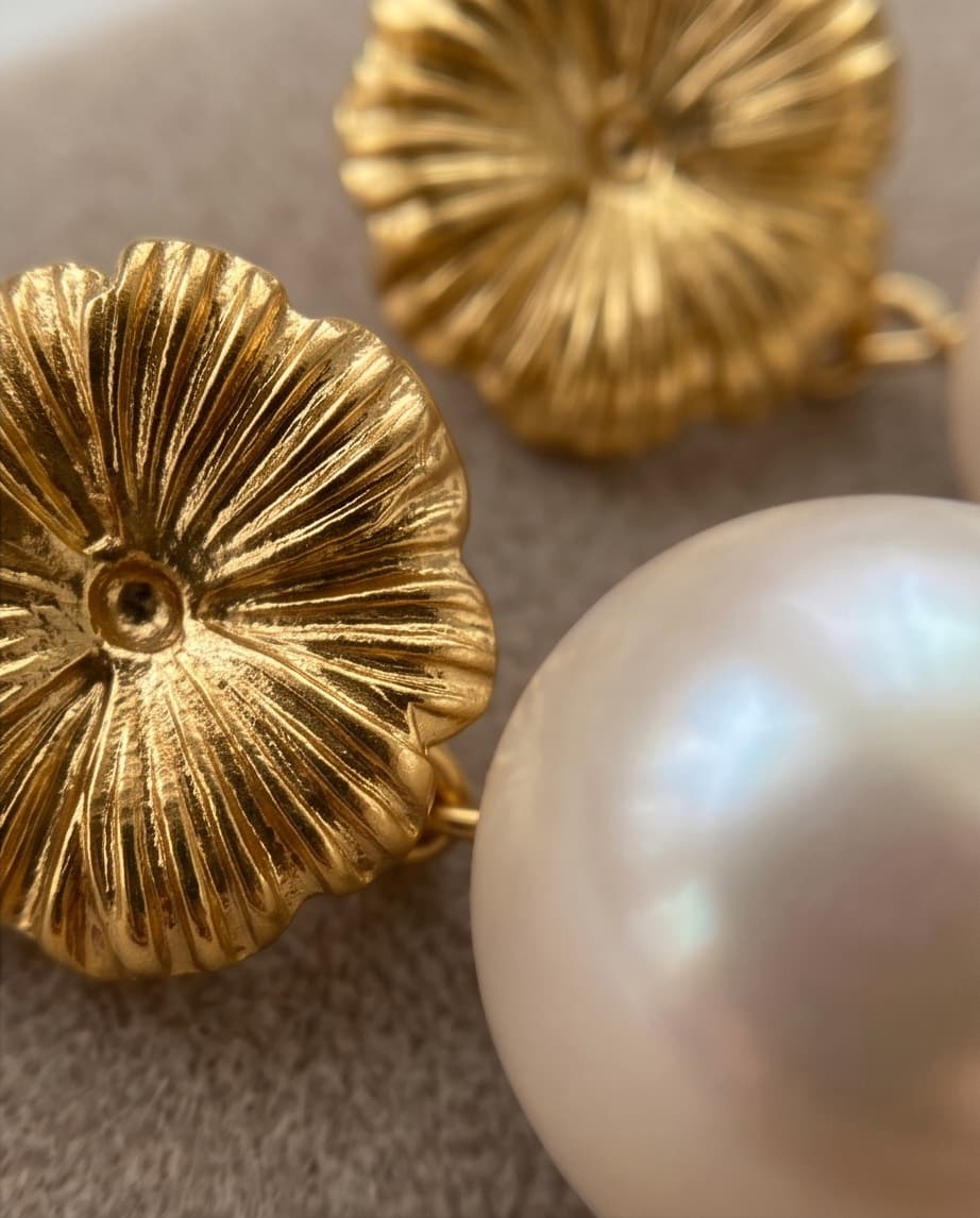 CHRYSANTHEMUM & PEARL STUD EARRINGS