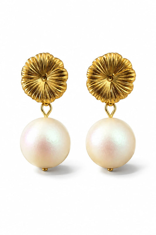 CHRYSANTHEMUM & PEARL STUD EARRINGS