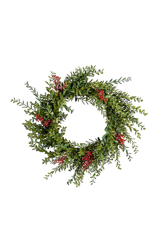 BOXWOOD W/RED BERRIES WREATH