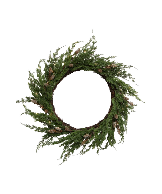 CEDAR & PINECONE WREATH W LIGHTS