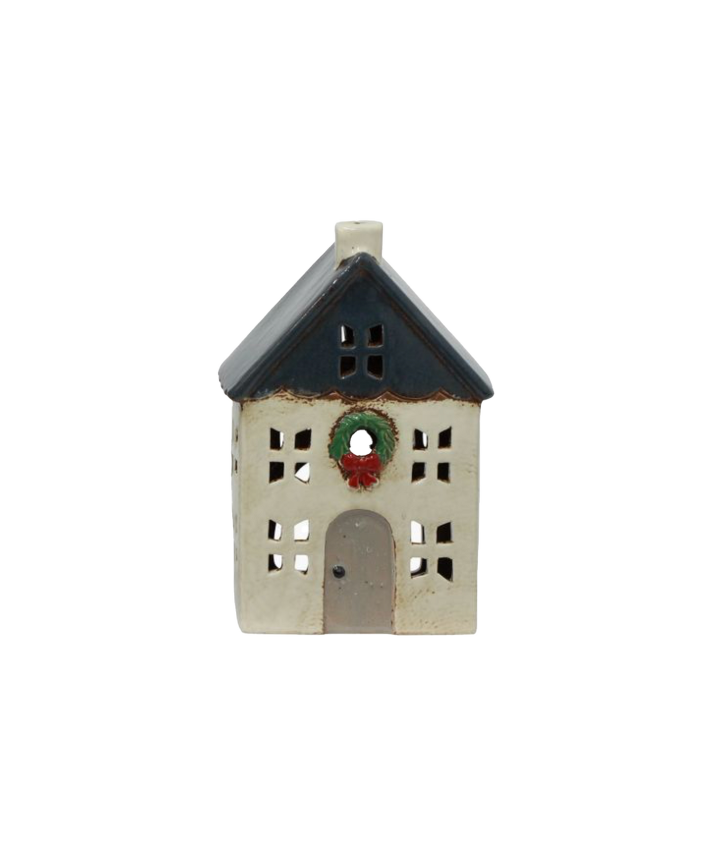 PRE ORDER: CHRISTMAS TEALIGHT HOUSE BLUE WITH WREATH - SMALL