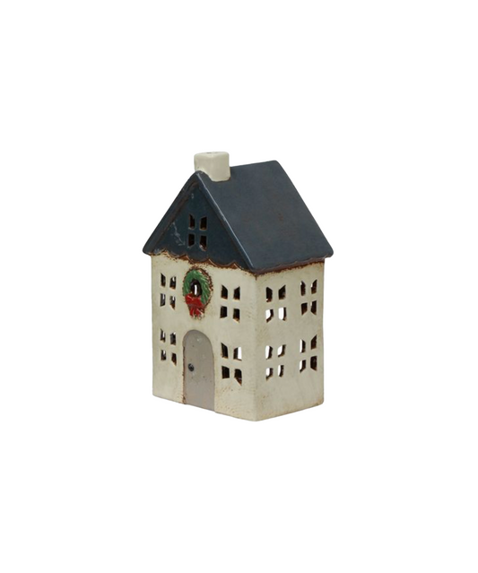 PRE ORDER: CHRISTMAS TEALIGHT HOUSE BLUE WITH WREATH - SMALL