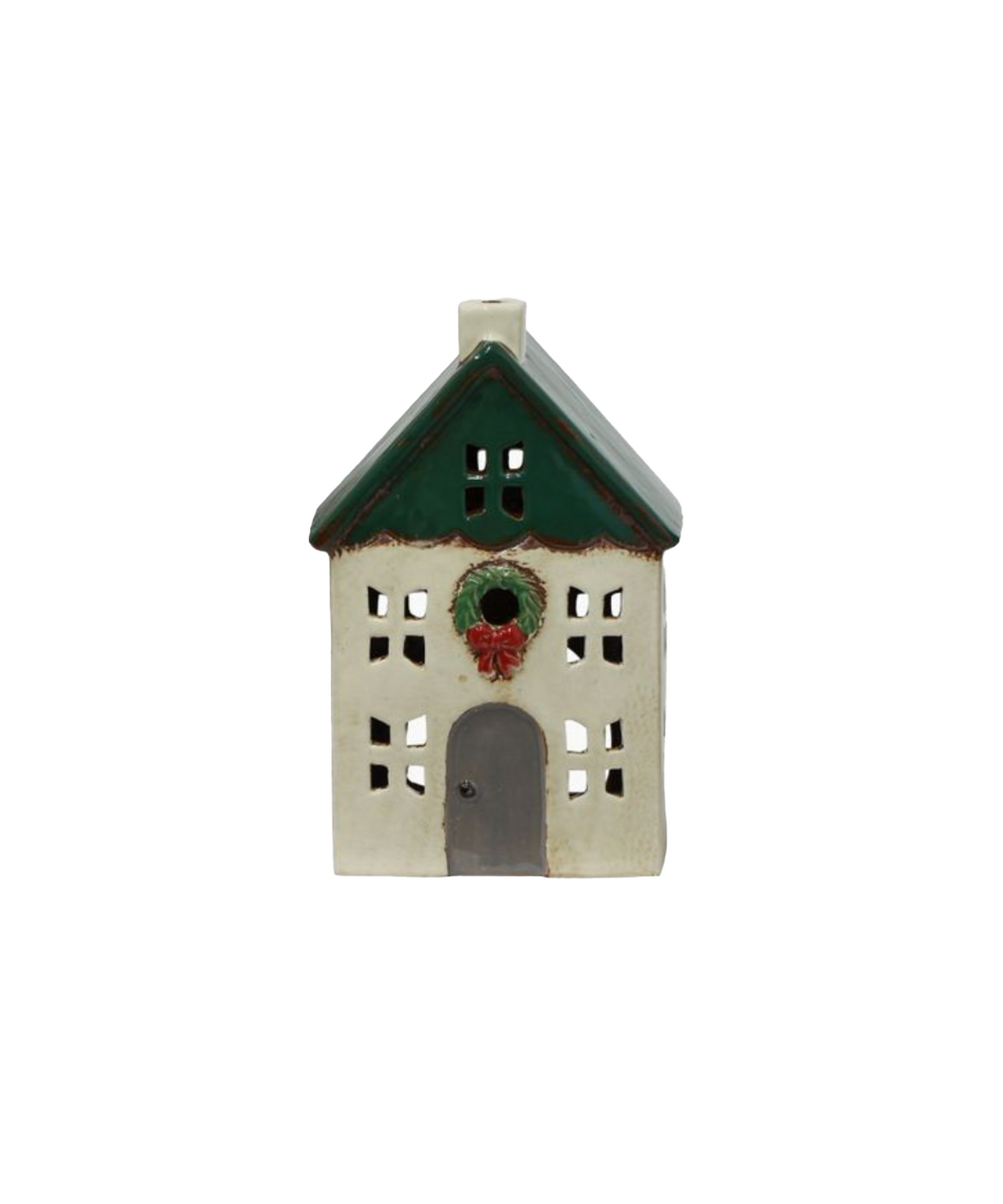PRE ORDER: CHRISTMAS TEALIGHT HOUSE GREEN WITH WREATH - SMALL