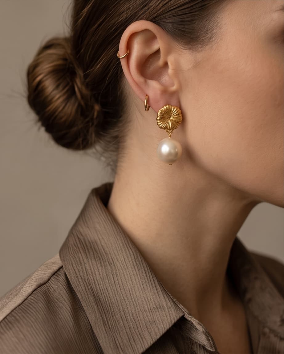CHRYSANTHEMUM & PEARL STUD EARRINGS