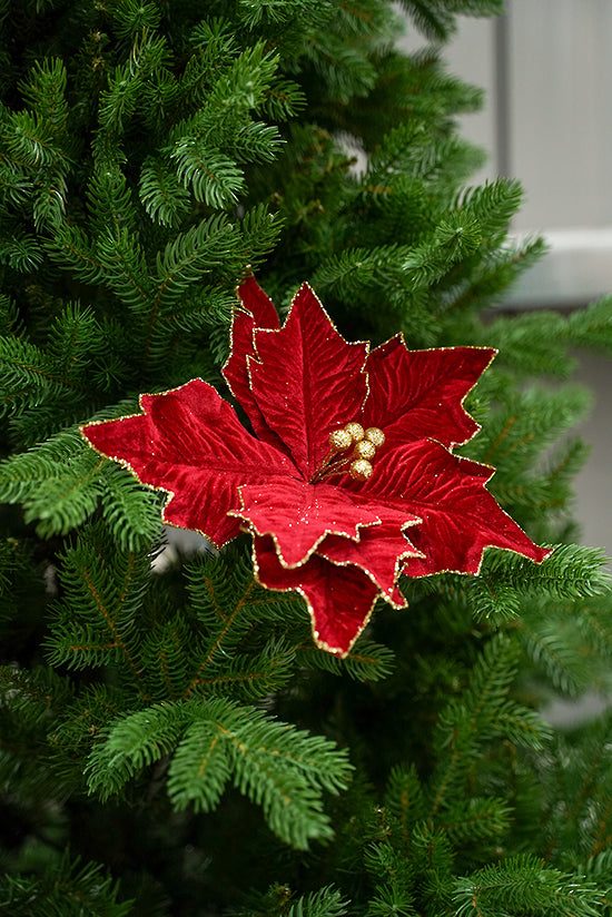GLITTERED VELVET POINSETTIA PICK