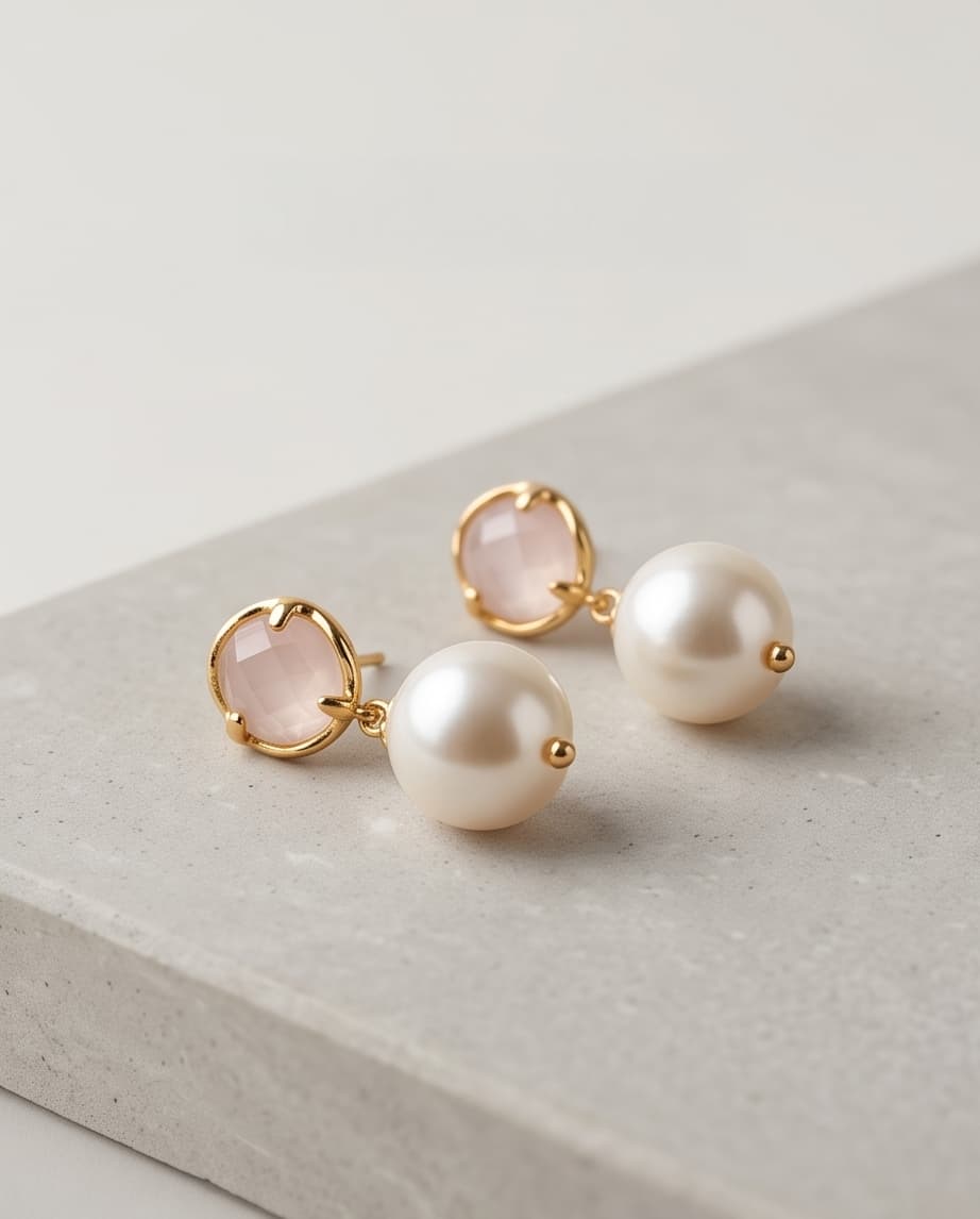 ROSE QUARTZ & PEARL STUD EARRINGS