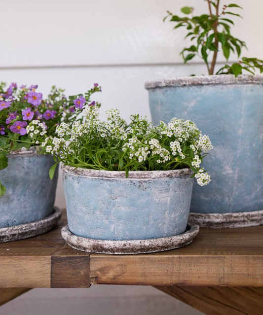 SEA BLUE WIDE PLANT POT & SAUCER - SMALL