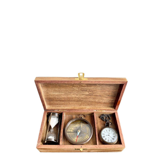 CLOCK, COMPASS & SAND TIMER SET IN WOODEN GIFT BOX