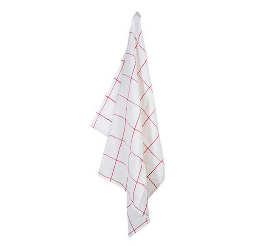 WOVEN LINEN CHECK TEA TOWEL - OFF WHITE & RED