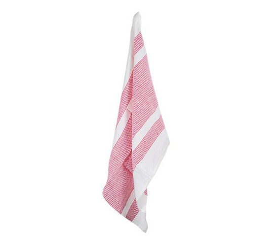 WOVEN LINEN MULTI STRIPE TEA TOWEL - RED & OFF WHITE