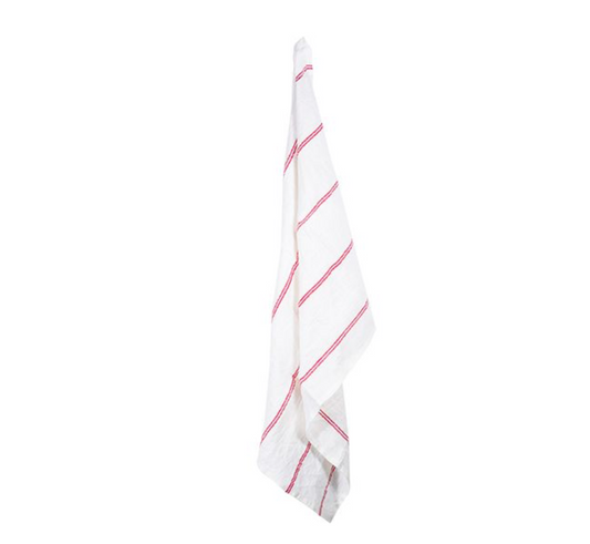 WOVEN LINEN STRIPE TEA TOWEL - OFF WHITE & RED