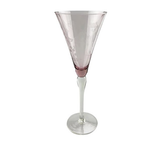 FLORAL ETCHED TALL WINE GLASS - PINK