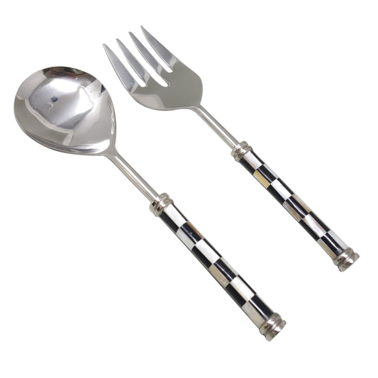 CHECKER BLACK & WHITE STAINLESS STEEL AND BONE SALAD SERVERS SET