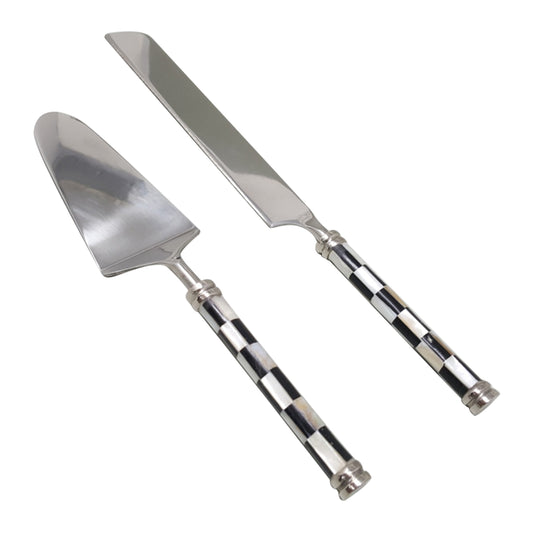 CHECKER BLACK & WHITE STAINLESS STEEL AND BONE CAKE SERVER SET